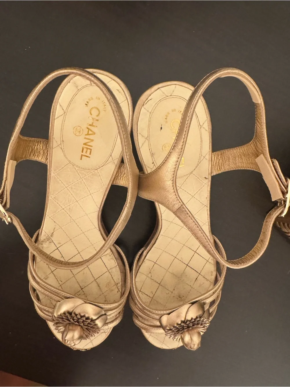 CHANEL metallic gold Camellia leather sandals with ankle - 39 Used